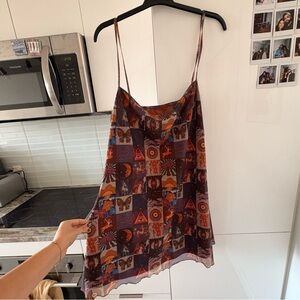 Cider Mini Slip Dress in Brown and Orange Mosaic Print